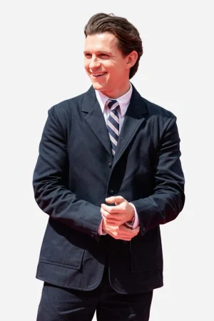 Spider-Man 2026 Press Tour Tom Holland Navy Blue Suit