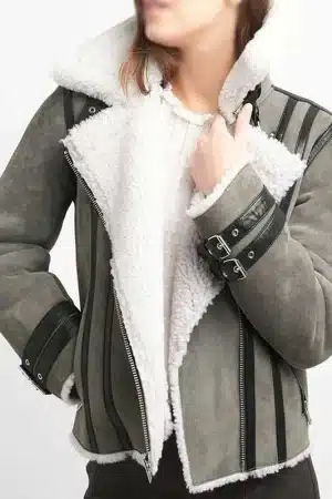 Women’s Bomber Grey Shearling Suede Leather Jacket