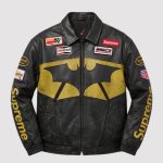 Supreme x The Batman Gotham City Black Leather Jacket front and back view featuring premium real leather, Gotham City graphics, Supreme branding, and zipper closure