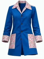 The End of Oak Street Anne Hathaway Royal Blue Floral Print Trim Mid Length Utility Chore Coat