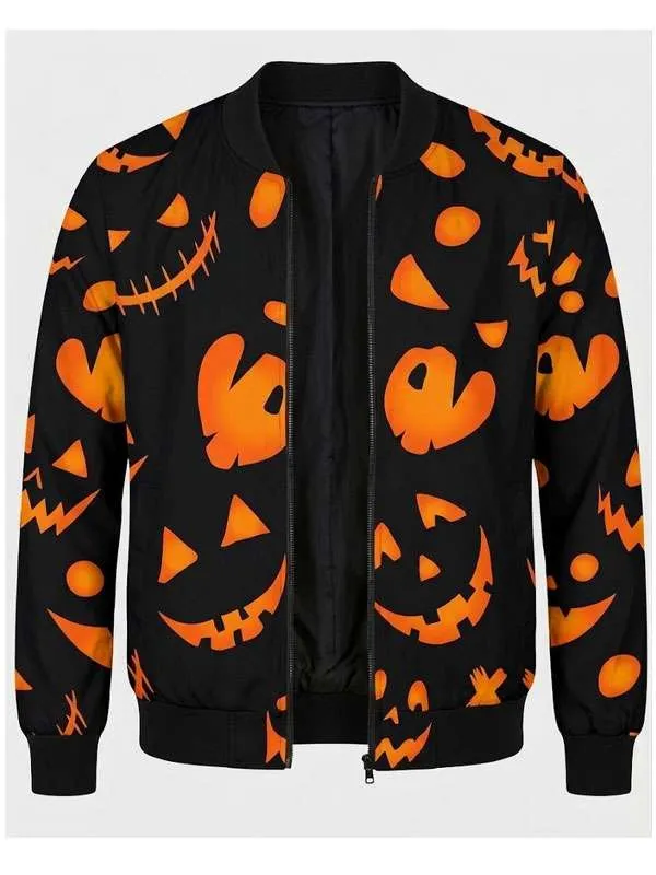 Halloween-Pumpkin-Patterned-Black-Bomber-Jacket 1 Spooky Jack o Lantern Black Bomber Jacket