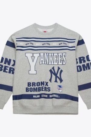Men’s Heather Gray New York Yankees All Over Print Vintage Fleece Crewneck Sweatshirt