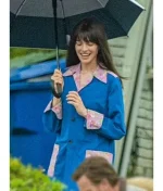 The End of Oak Street Anne Hathaway Royal Blue Floral Print Trim Mid Length Utility Chore Coat