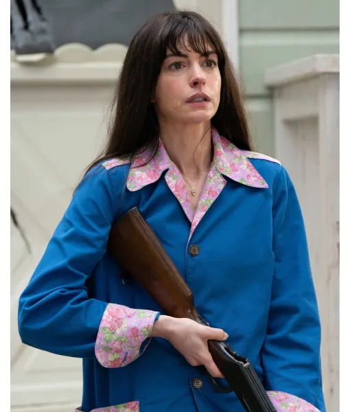 The-End-of-Oak-Street-Anne-Hathaway-Blue-Coat The End of Oak Street Anne Hathaway Royal Blue Floral Print Trim Mid Length Utility Chore Coat