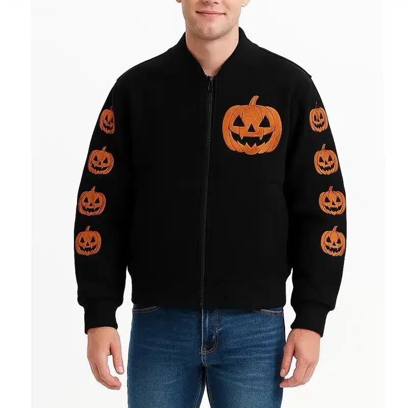 Halloween Pumpkin Black Varsity Wool Jacket 01 Halloween Pumpkin Black Varsity Wool Jacket