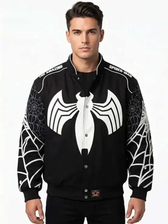 Spiderman-Back-in-Black-Varsity-Jacket-Front-View-551x735 1 Spiderman Back in Black Varsity Jacket