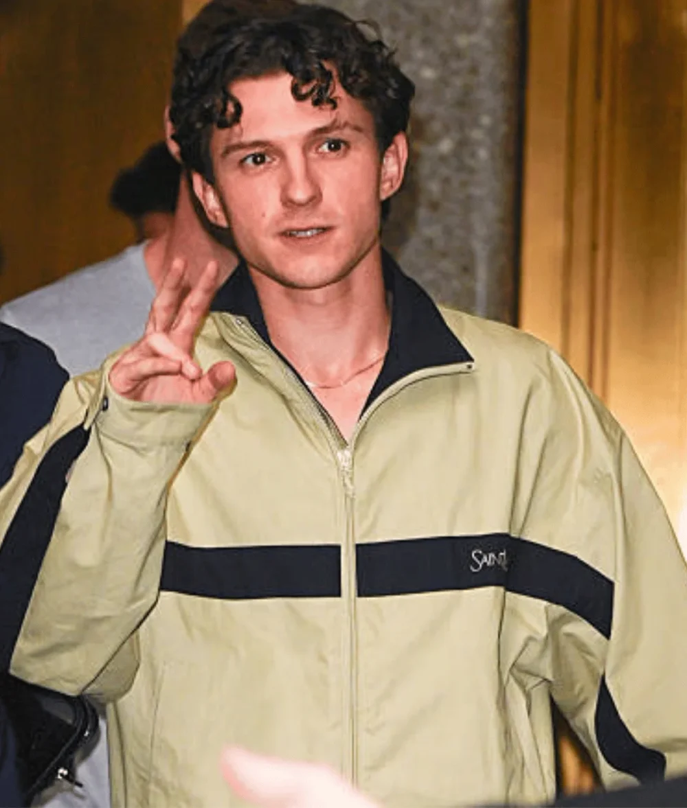 Tom Holland NYC Saint Laurent Windbreaker Beige Jacket 02 Tom Holland NYC Saint Laurent Windbreaker Beige Jacket