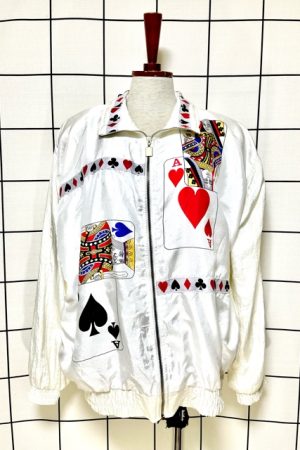 Playing card print jacket, vintage card suit jacket, white novelty jacket, oversized playing card jacket