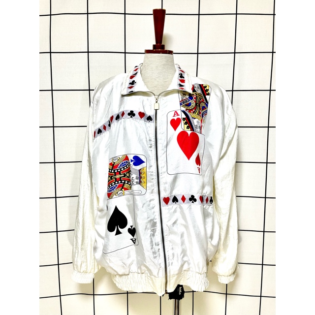 Vintage White Playing Card Nylon Jacket 1 Playing card print jacket, vintage card suit jacket, white novelty jacket, oversized playing card jacket