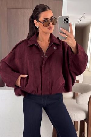 Women's Oversized Faux Suede Cropped Bomber Jacket